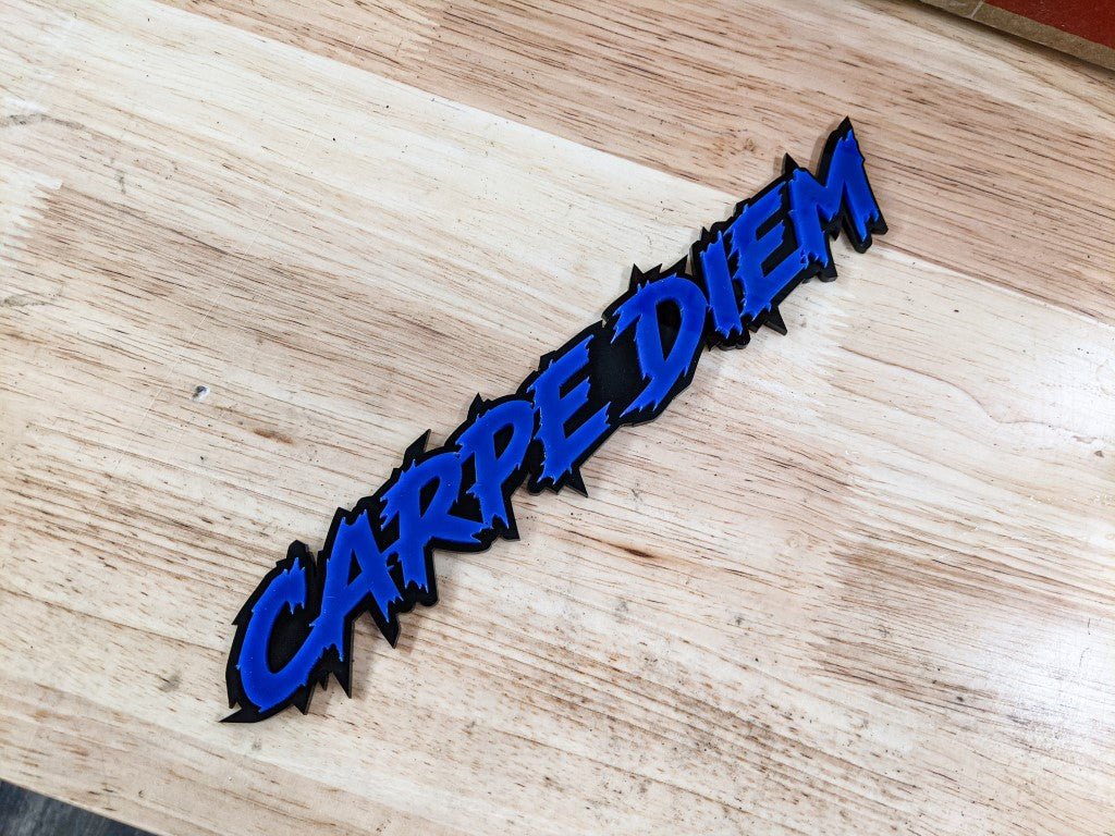 Carpe Diem Car Badge - Blue On Gloss Black - Lightning Font - Atomic Car Concepts