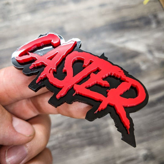 Caster Car Badge - Red On Gloss Black - Aggressive Font - Atomic Car Concepts