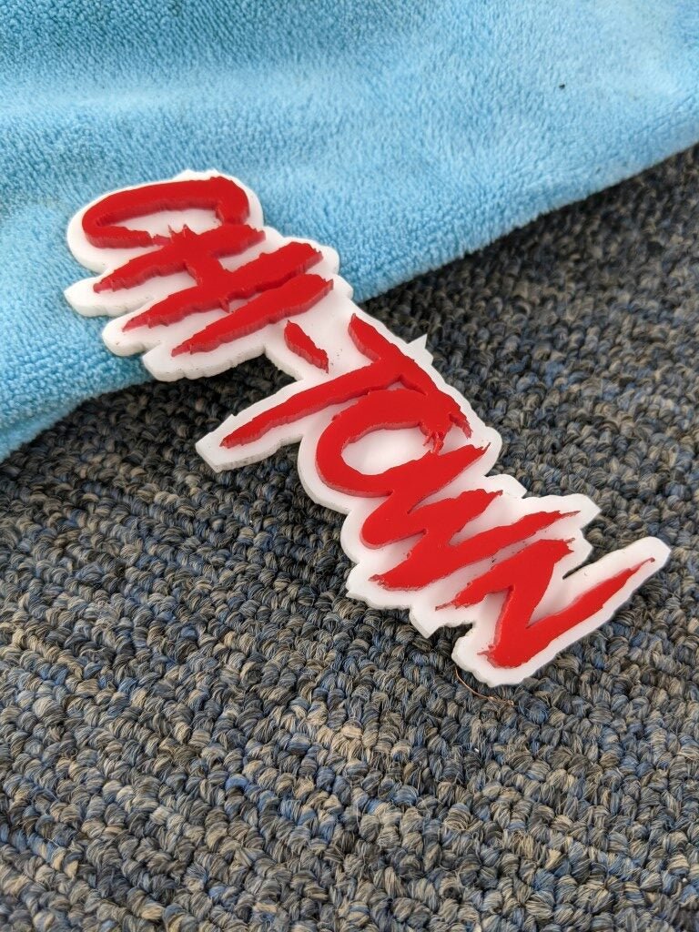 Chi Town Car Badge - Red On White - Aggressive Font - Atomic Car Concepts