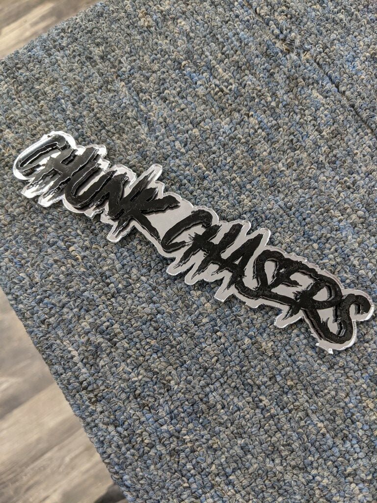 Chunk Chsaers Car-Badge - Gloss Black On Mirror Silver - Aggressive Font - Atomic Car Concepts