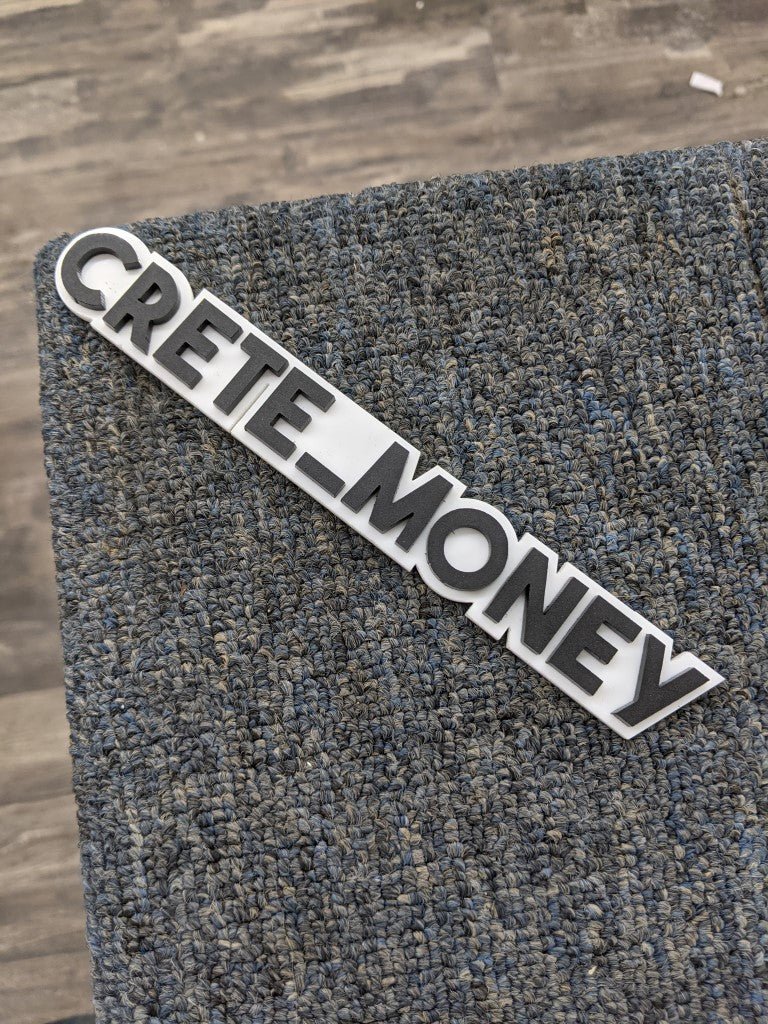 Crete_Money Car Badge - Matte Black On White - Block Font - Atomic Car Concepts