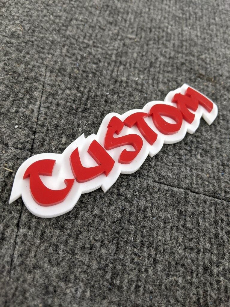 Custom Car Badge - Red On White - Ninja Font - Custom Mount - Atomic Car Concepts