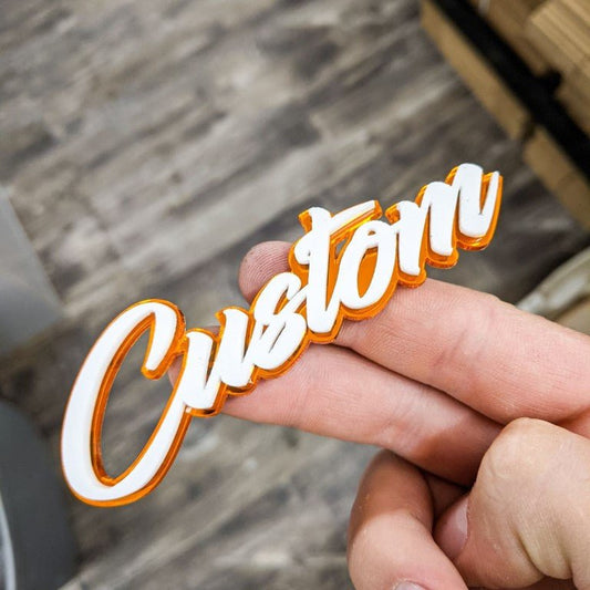 Custom Car Badge - White On Mirror Orange - Script Font - Atomic Car Concepts