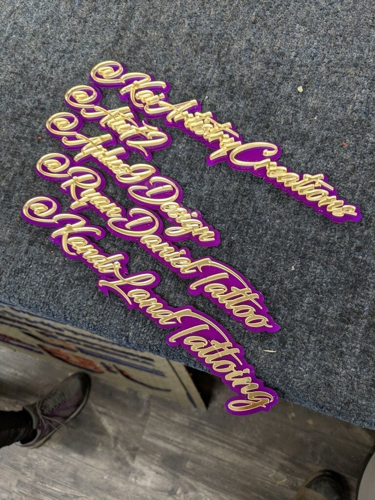 Custom Instagram User Car Badges - Mirror Gold On Purple - Script Font - Atomic Car Concepts