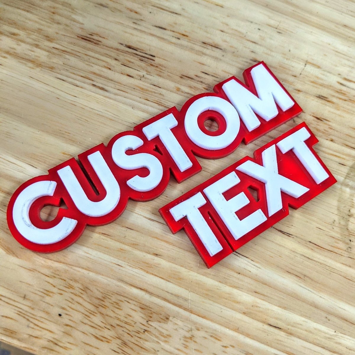 Custom Text Badge Bundle - 10 Badges - Type Your Own - Block Font - Custom Mount - Double Layer - Atomic Car Concepts