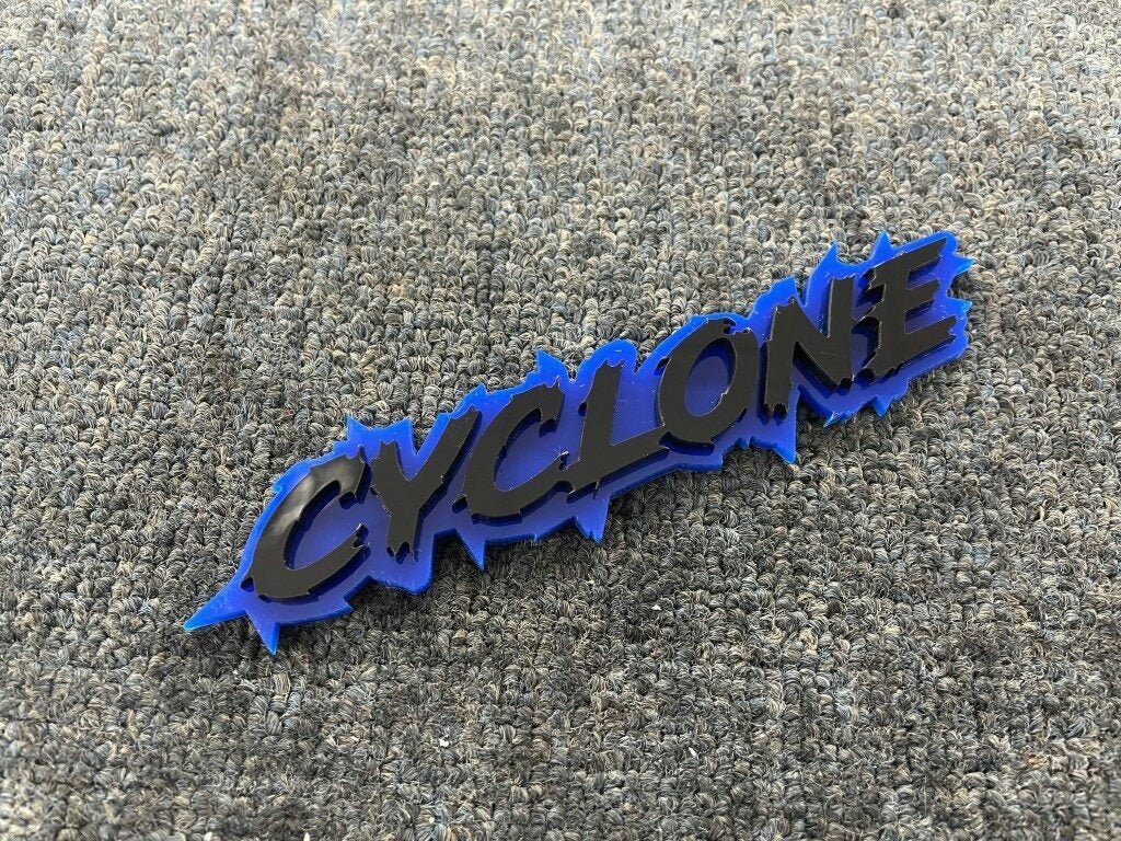 Cyclone Car Badge - Gloss Black On Blue - Lightning Font - Atomic Car Concepts