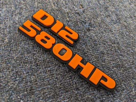 D12 580HP Car Badge - Orange On Gloss Black - OEM Font - Atomic Car Concepts