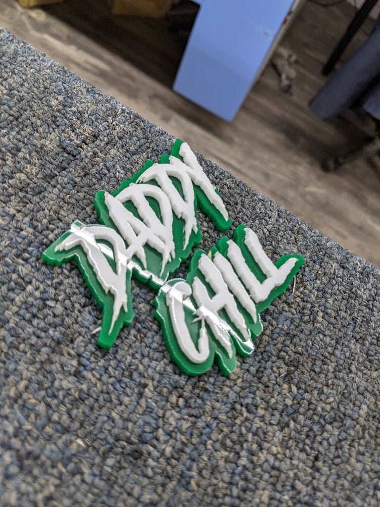 Daddy Chill Car Badge - White On Green - Aggressive Font - Atomic Car Concepts