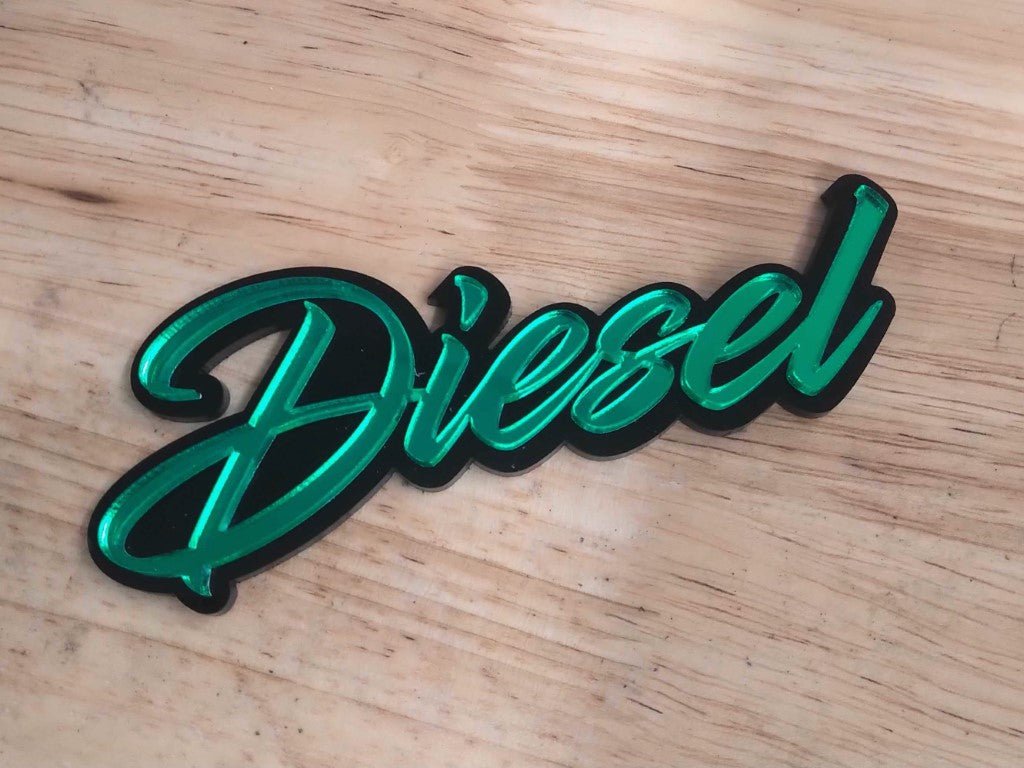 Diesel-Car-Badge-Mirror-Green-on-Black-Tape-Mounting - Atomic Car Concepts