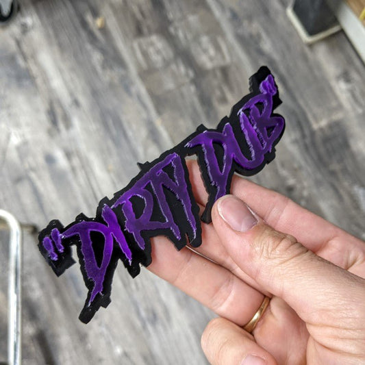 Dirty Dub Car Badge - Mirror Purple On Gloss Black - Aggressive Font - Atomic Car Concepts