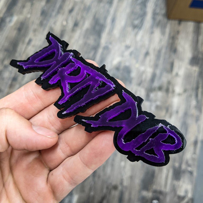 Dirty Dub Car Badge - Purple on Black Tape Mounting - Atomic Car Concepts