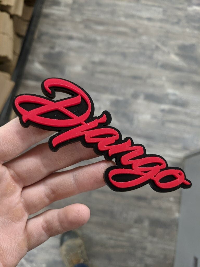 Django Car Badge - Red On Gloss Black - Script Font - Atomic Car Concepts