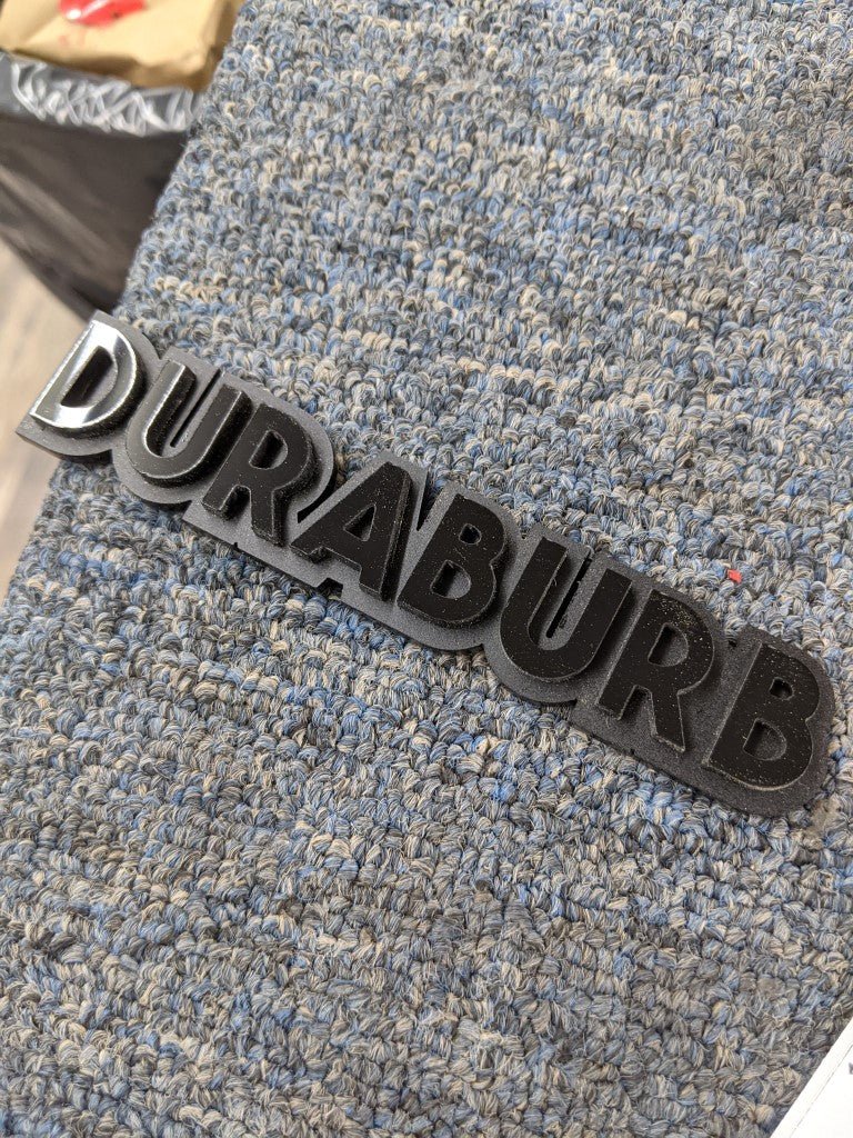 Duraburb Car Badge - Gloss Black on Matte Black - Block Font - Atomic Car Concepts