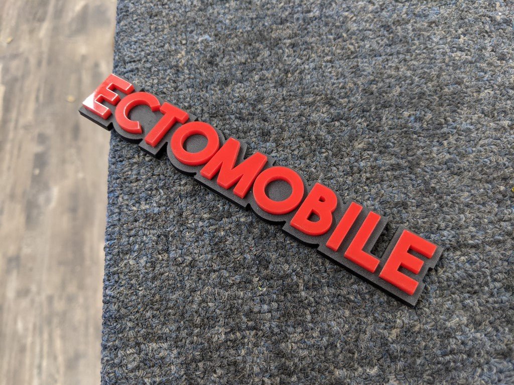 Ectomobile Car Badge - Red On Matte Black - Block Font - Atomic Car Concepts