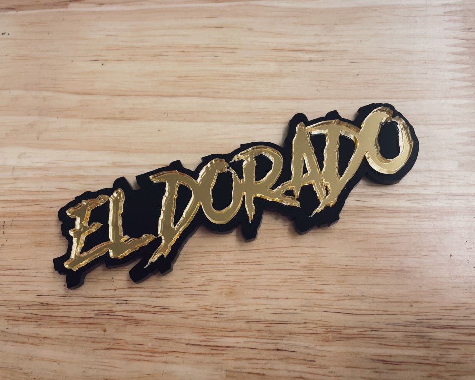 El Dorado Car Badge - Mirror Gold On Gloss Black - Aggressive Font - Atomic Car Concepts