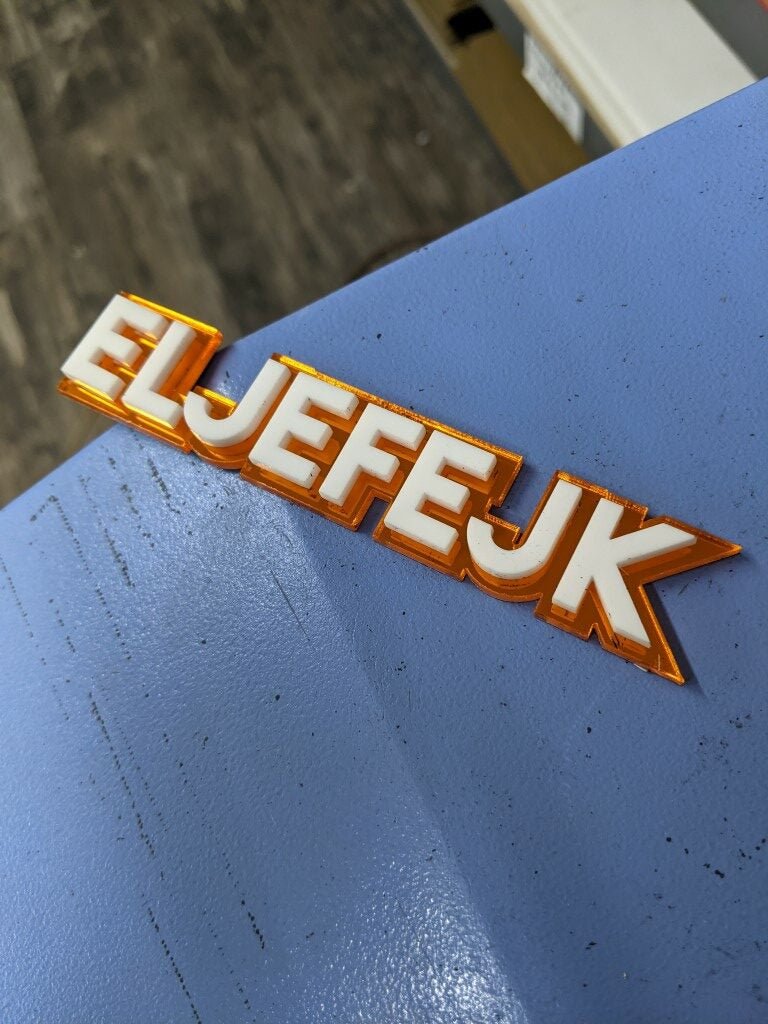 El Jefe JK Car Badge - White On Mirror Orange - Block Font - Atomic Car Concepts