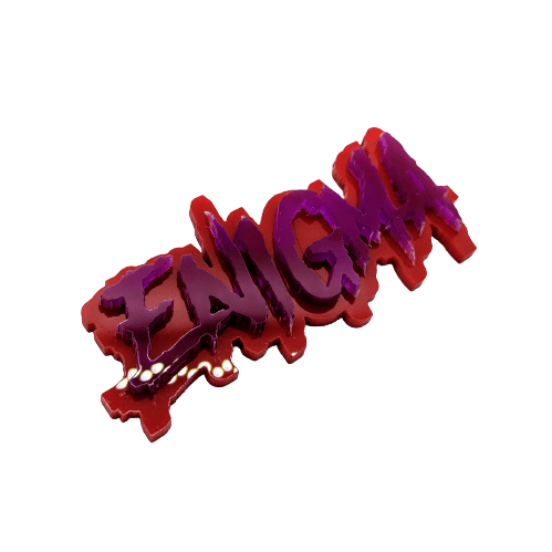 Enigma Car Badge - Purple On Red - Aggressive Font - Atomic Car Concepts