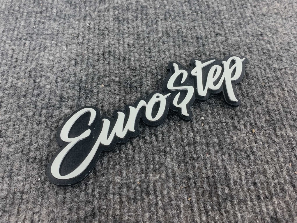 Eurostep Car Badge - White On Matte Black - Script Font