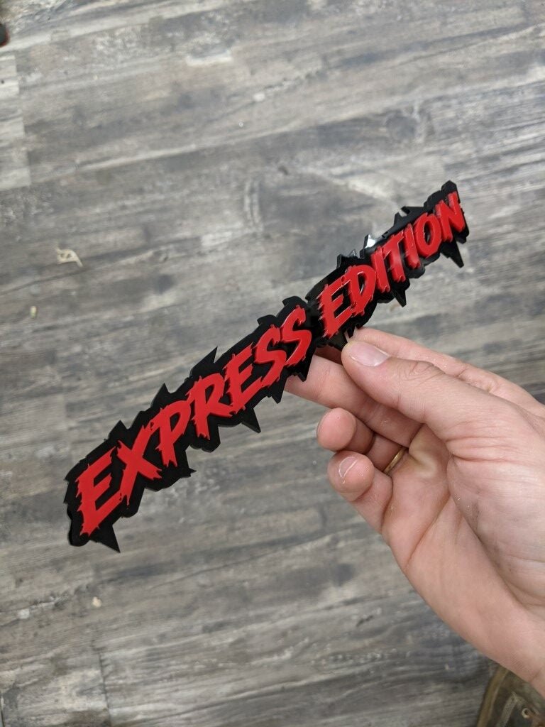 Express Edition Car Badge - Red On Gloss Black - Lightning Font - Atomic Car Concepts