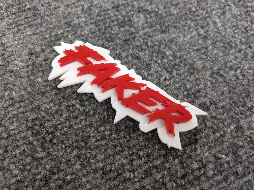 Faker Car Badge - Red on White - Lightning Font – Atomic Car Concepts