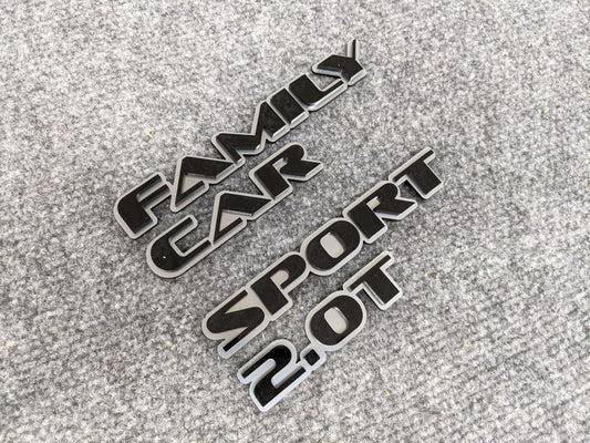 Family Car Sport 2.0T Car Badge - Gloss Black on Brushed Silver - OEM Font