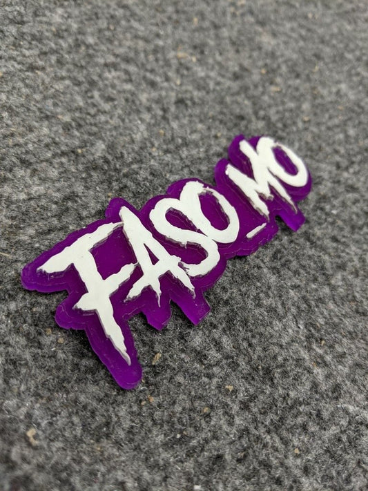 Faso_Mo Car Badge - White On Purple - Aggressive Font