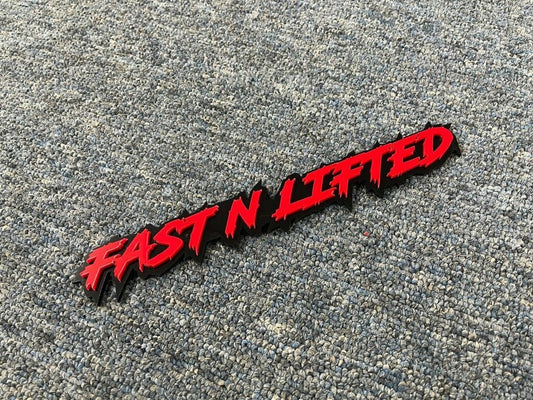 Fast N Lifted Car Badge - Red On Gloss Black - Lightning Font - Atomic Car Concepts