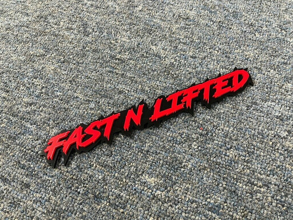 Fast N Lifted Car Badge - Red On Gloss Black - Lightning Font – Atomic ...