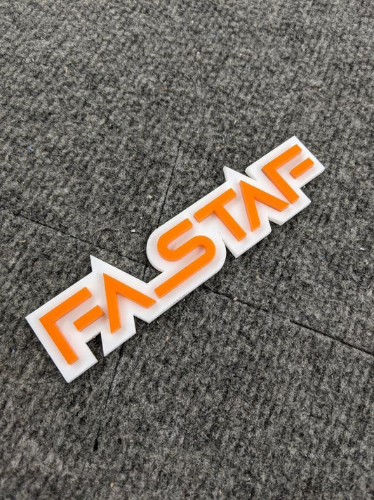 FastAF Car Badge - Orange On White - Squid Font - Tape Mount - Atomic Car Concepts