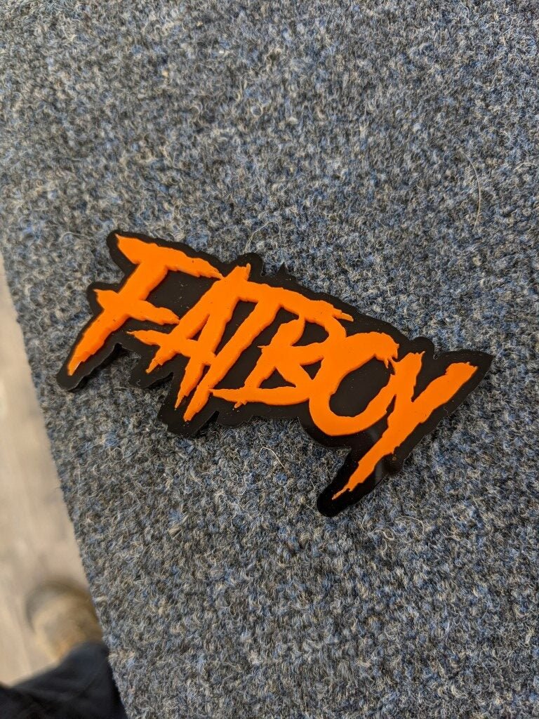 Fatboy Car Badge - Orange On Gloss Black - Aggressive Font - Atomic Car Concepts