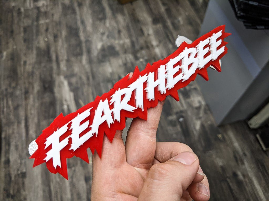 Fearthebee Car Badge - White on Red - Lightning Font - Atomic Car Concepts