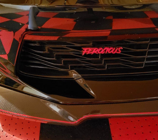 Ferocious Car Badge - Red on Matte Black - Aggressive Font - Atomic Car Concepts