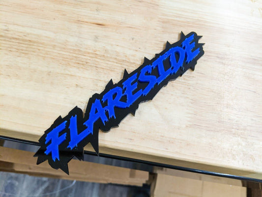 Flareside Car Badge - Blue On Gloss Black - Lightning Font - Tape Mounting - Atomic Car Concepts