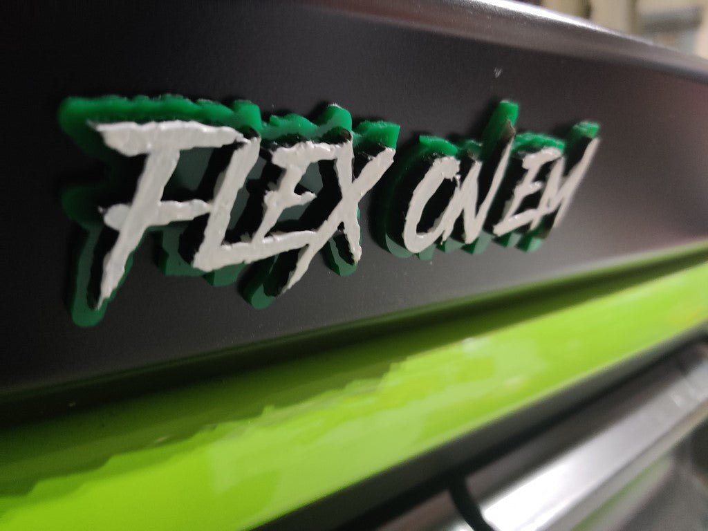 Flex On Em Car Badge - White on Green - Aggressive Font - Tape Mounting
