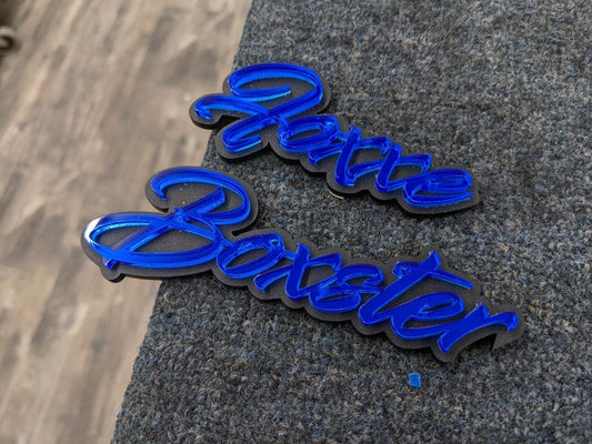 Foxxe Boxster Car Badge - Mirror Blue On Matte Black - Script Font - Atomic Car Concepts