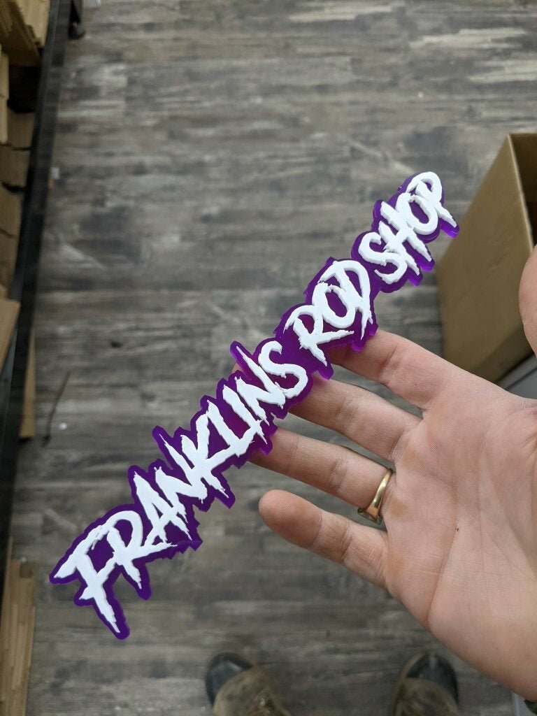 Franklins Rod Shop Car Badge - White On Mirror Purple - Aggressive Font - Atomic Car Concepts