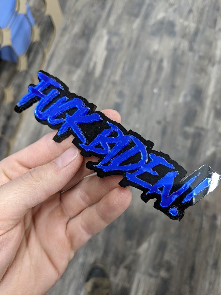 Fuck Biden Car Badge - Mirror Blue On Gloss Black - Aggressive Font - Atomic Car Concepts