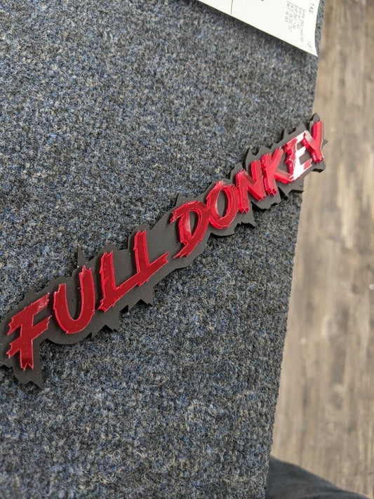 Full Donkey Car Badge - Mirror Red On Matte Black - Lightning Font