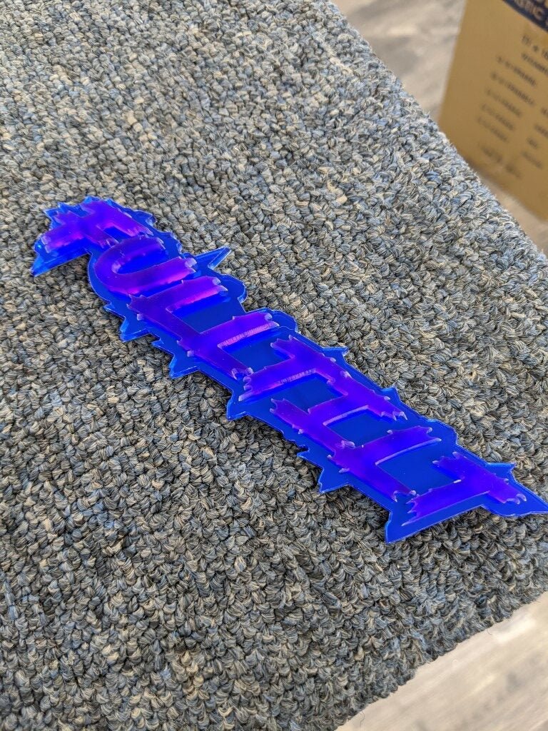 Fulltilt Car Badge - Mirror Purple On Blue - Lightning Font - Atomic Car Concepts