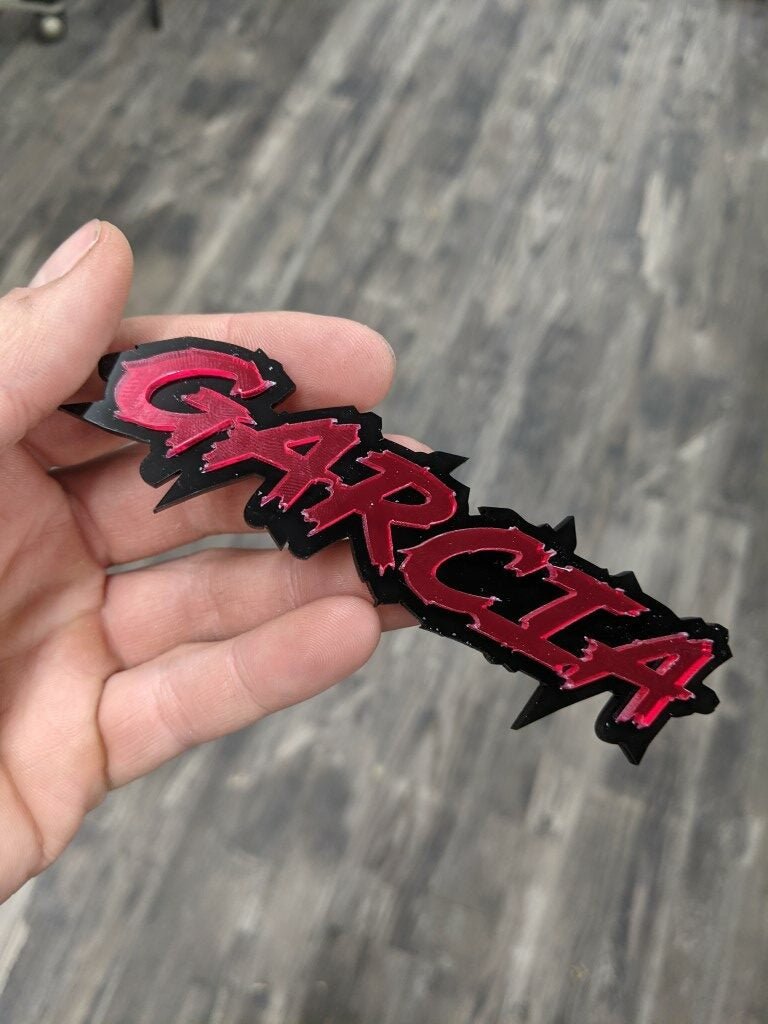 Garcia Racing In Racing Font Garcia Car Badge - Mirror Red On Gloss Black - Lightning Font – Atomic ...
