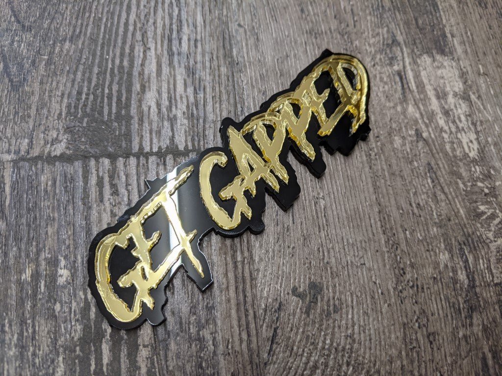 Get Gapped Car Badge - Mirror Gold on Gloss Black - Aggressive Font - Tape Mounting - Atomic Car Concepts