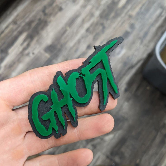 Gho5t Car Badge - Green on Matte Black - Aggressive Font - Tape Mounting