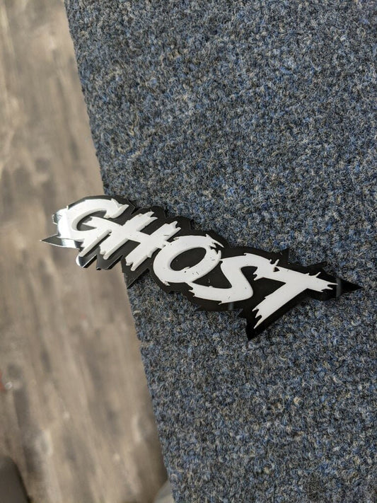 Ghost Car Badge - White On Gloss Black - Lightning Font