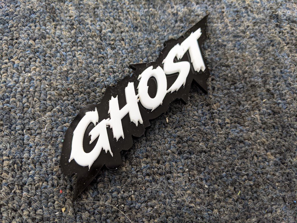 Ghost Car Badge - White on Gloss Black - Lightning Font - Tape Mounting