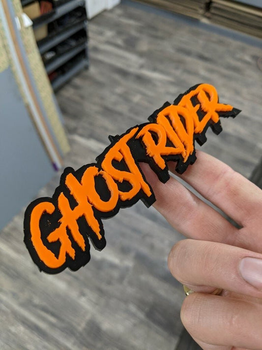 Ghost Rider Car Badge - Orange On Gloss Black - Aggressive Font