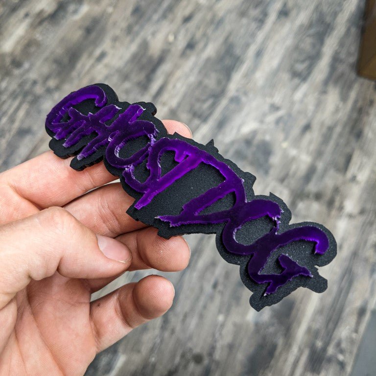 GhostDog Car Badge - Purple on Matte Black - Aggressive Font - Tape Mounting