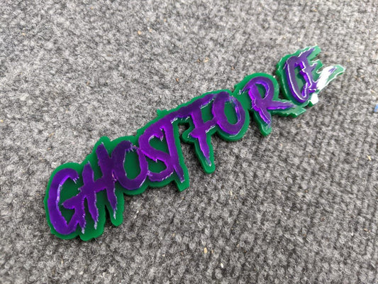 GhostForce Car Badge - Mirror Purple On Green - Aggressive Font