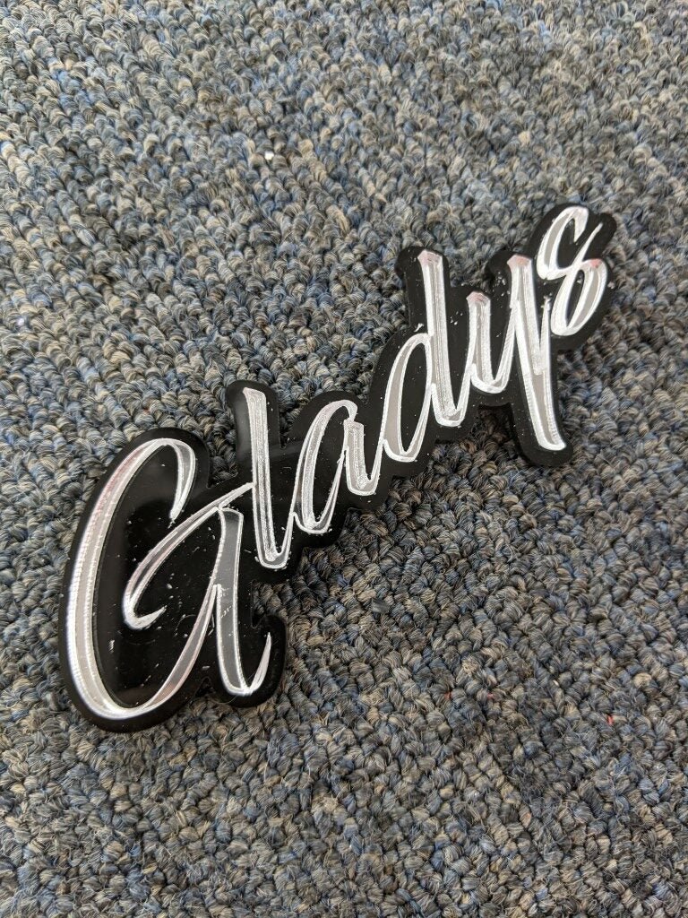 Gladys Car Badge - Mirror Silver On Gloss Black - Script Font - Atomic Car Concepts