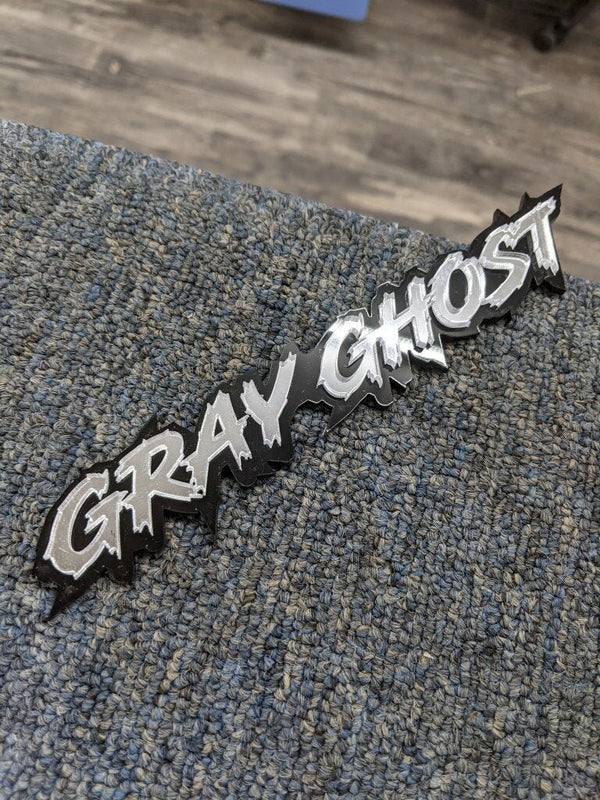 Gray Ghost Car Badge - Mirror Silver On Gloss Black - Lightning Font ...
