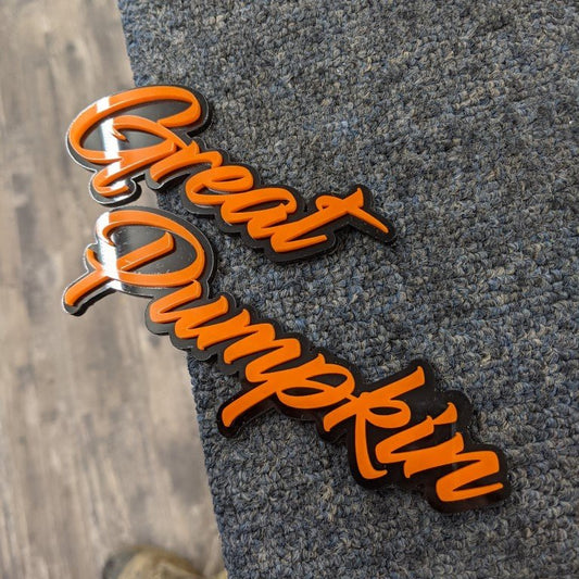 Great Pumpkin Car Badge - Orange On Gloss Black - Script Font - Atomic Car Concepts